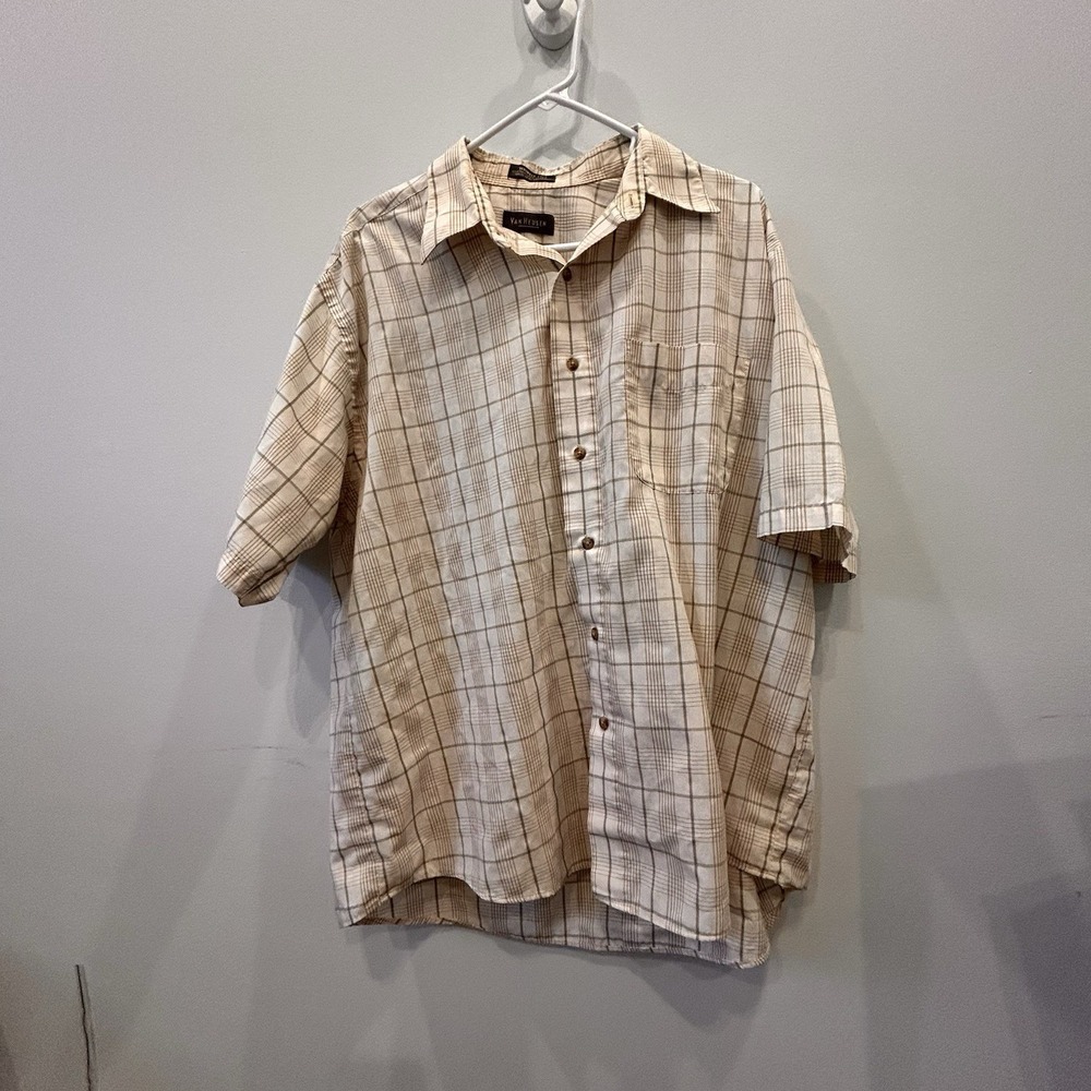 Van Heusen Mens Button Up Short Sleeve Seersucker Check Shirt Size Large 16-16.5